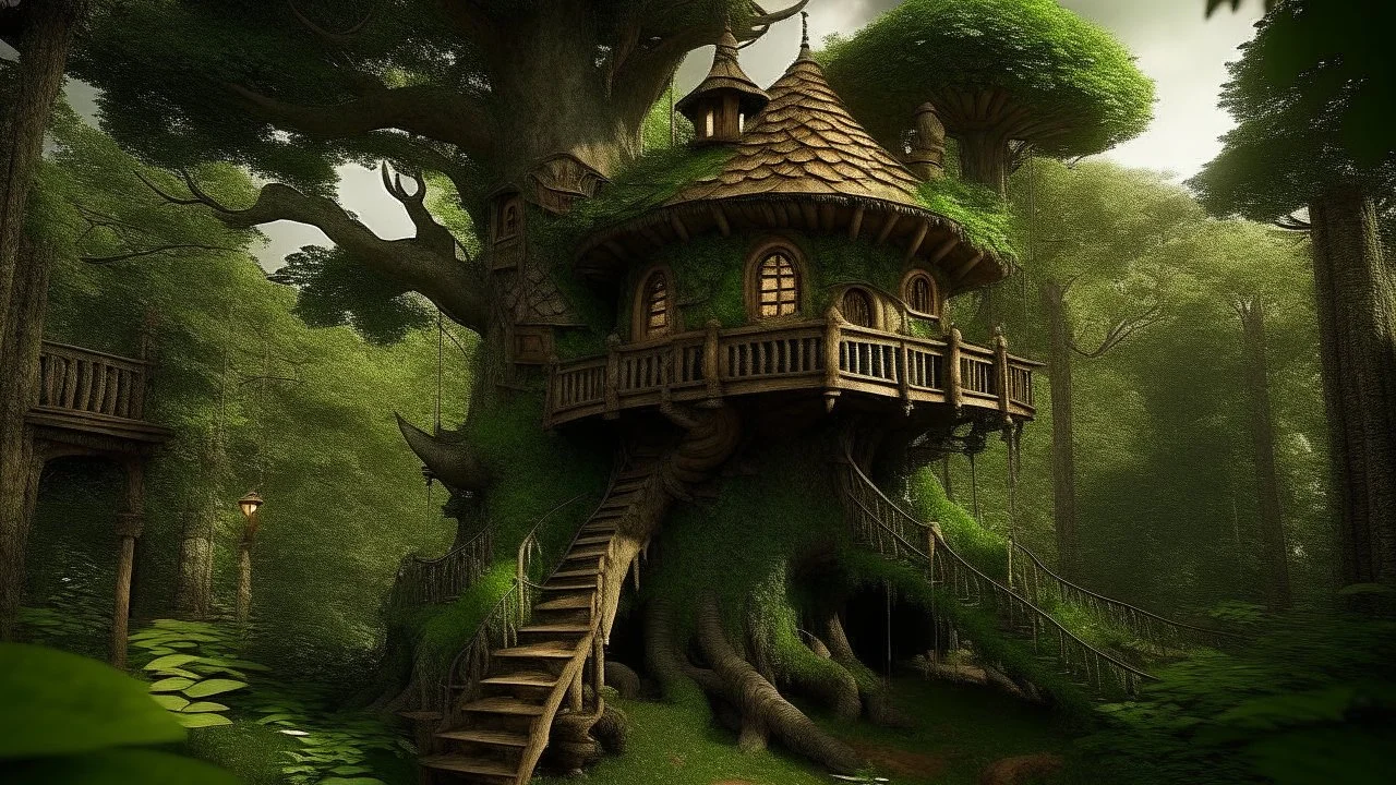 A whimsical, moss-covered treehouse nestled among the branches of a large, ancient tree. The treehouse has intricate architectural details with pointed roofs and decorative elements. The surrounding forest is lush and overgrown, with mushrooms and other vegetation covering the ground. A ladder leads up to the entrance of the treehouse, inviting exploration of this ench