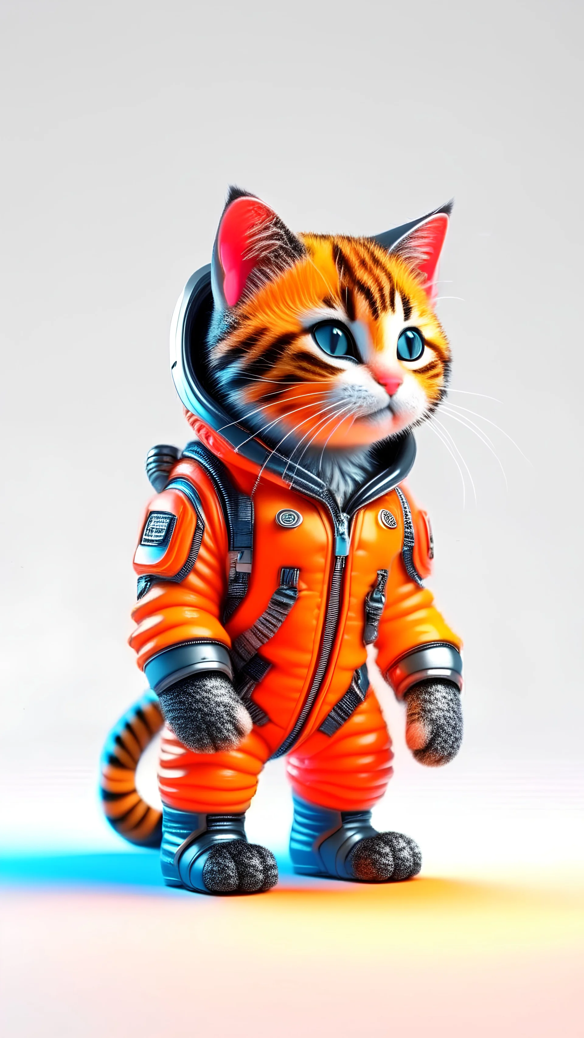 isometric view of a MINI cute hyperrealistic futuristic soldier cat wearing cyberpunk jacket. orange skin. Cinematic, hyper detailed, white GRADIENT background , highly detailed, zoomed out,