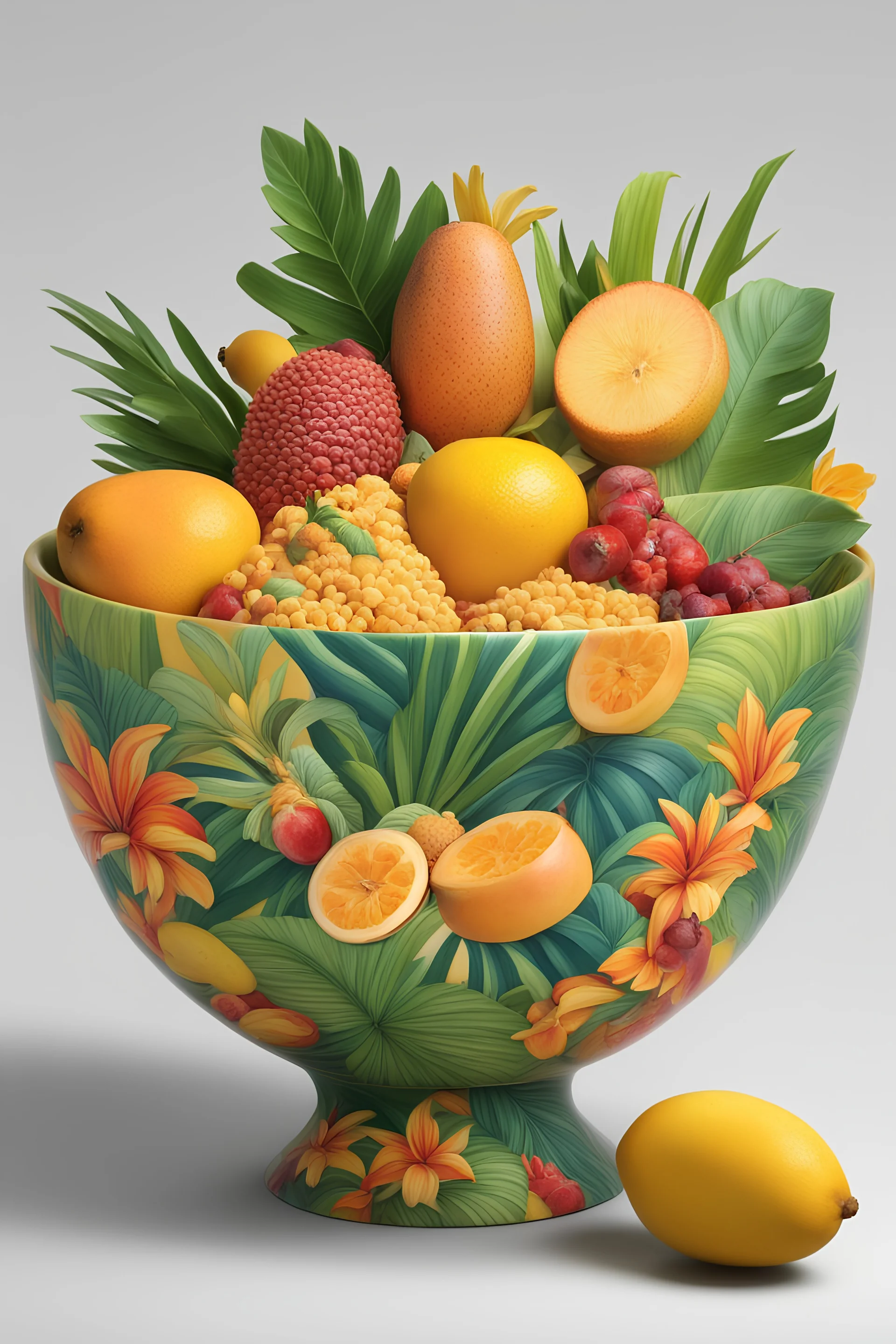 The cereal bowl is adorned with images of tropical fruits like mangoes, pineapples, bananas, and passion fruits, inviting the viewer to savor the refreshing taste of the tropics with every spoonful. The background showcases lush green foliage and colorful flowers, evoking a sense of tropical paradise.