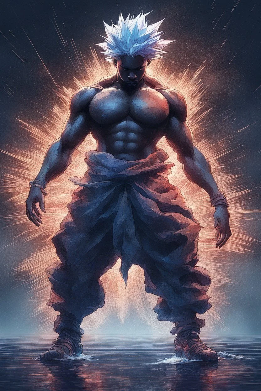 ultra instinct super saiyan Kanye West , Full body, night sky, rain, hyperdetailed , luminism, art by Carne Griffiths and Wadim Kashin concept art, 4k resolution, fractal isometrics details bioluminescens , 3d render, octane render, intricately detailed , cinematic, trending on arts tation Isometric Centered hype reallistic cover photo awesome full color, hand drawn , gritty , intricate, hit definition