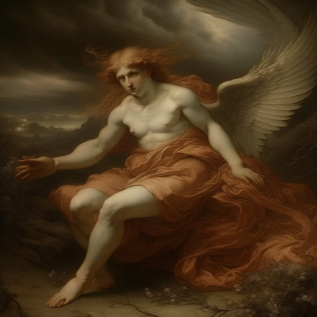 A pale red angelic fairy realm in a thunderstorm painted by Leonardo da Vinci