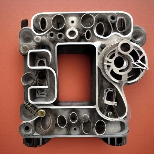 The capital letter P from the alphabet, constructed from machine parts, steampunk-style