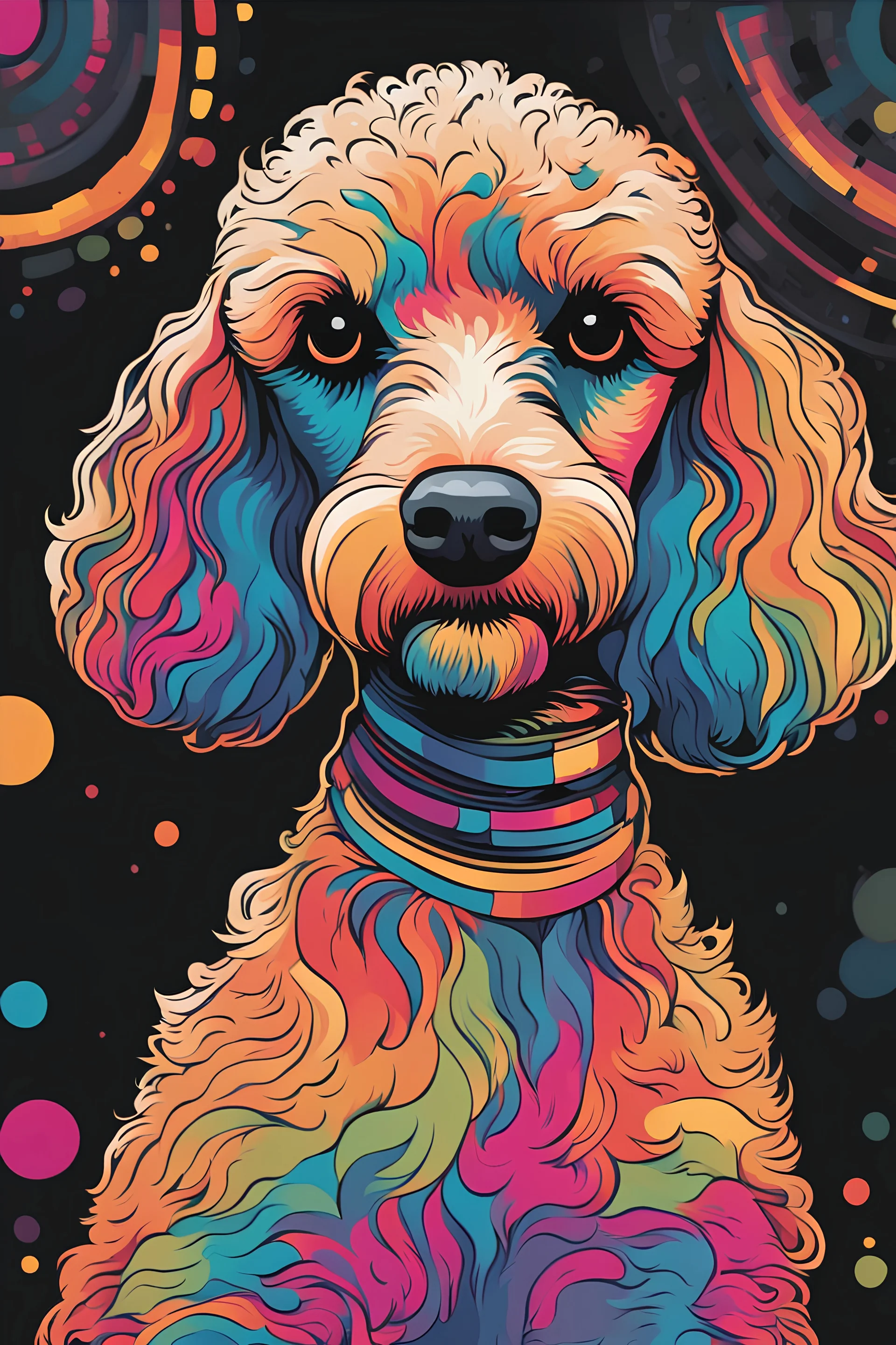 A striking digital artwork features a vibrant Poodle dog in a vector illustration style. The dog captivates with its colorful presence against a sleek black background. The artist skillfully chooses a suitable color palette to enhance the overall impact, resulting in a visually stunning phone wallpaper. The image showcases intricate details, including the dog's expressive eyes, glossy fur, and the play of light and shadows on its graceful form. This high-quality illustration exemplifies the arti