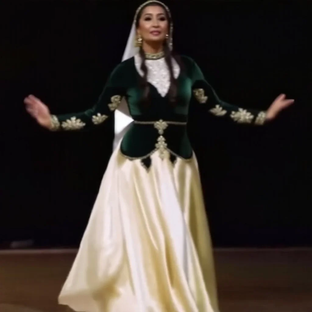 A graceful Azerbaijani female traditional dancer performing a famous Azerbaijani folk dance. She is wearing a beautiful traditional Azerbaijani dance costume: a long flowing silk dress with rich embroidery, wide skirt, and a colorful kelaghayi (traditional Azerbaijani silk headscarf) covering her head. The dancer moves elegantly with soft hand gestures, delicate finger movements, and smooth spinning steps typical of Azerbaijani women’s dances. The atmosphere is festive and cultural, with traditi