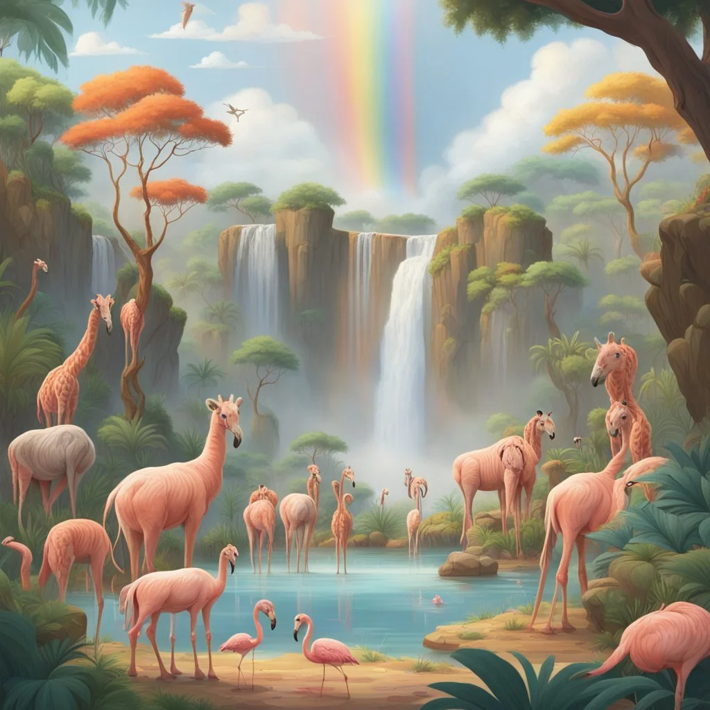 childish poster with a jungle landscape, a high rock in the background, a wide soft waterfall, on the rock there are some big bushes that are a rainbow, on the lower plateau a small waterhole with a couple of flamingos, on the bank some giraffes, elephants, zebras, a single lion on the left, a narrow path leads out of the picture, along the edge are boulders and beautiful flowers, at the back of the plateau a large tree with an elephant and a zebra below, on the right is a large tree with lian