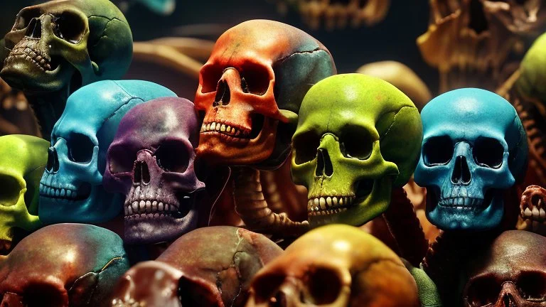 a picture of a dark, comedic, anatomically correct wall of colorful tightly packed stacked skulls of varying sizes and expressions, photo realistic, insanely meticulous, highly detailed, part of a collection of bones on display, 64k, dystopian, vray