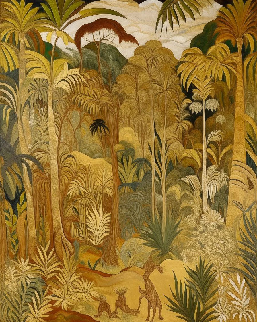 A tan dry prehistoric jungle designed in Australian aboriginal art painted by Camille Pissarro