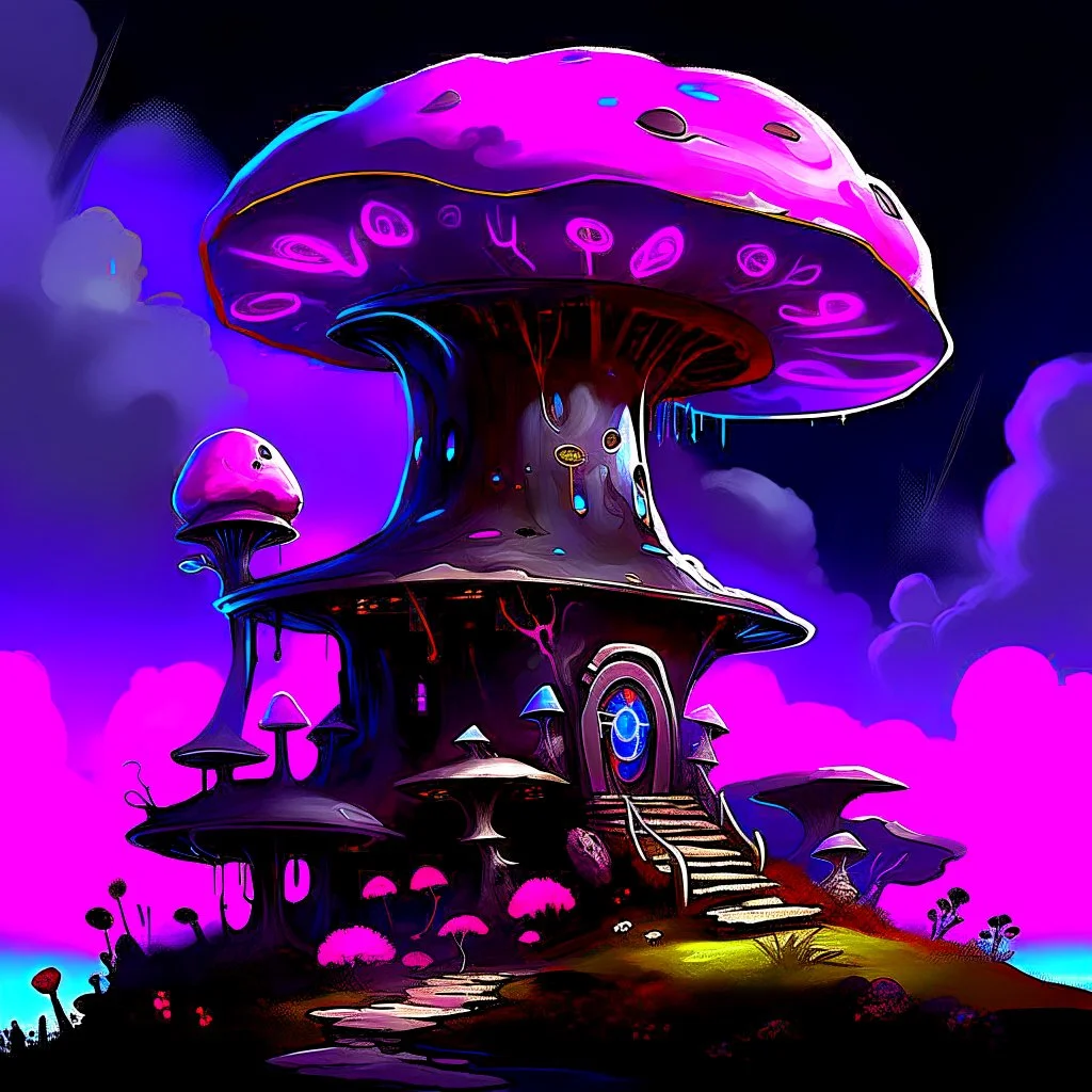 A fantabulous black, blue and magenta (((mushroom tower house))) erected atop a (geologic pillar), surrounded by the uncanny imaginative ((( swirling skies))), offset by the stark hues of a (neon-tinged nebulous space scape), within. captured by the hand a skilled master painter with a focus on (softly blurred compositions and voluminous lighting).