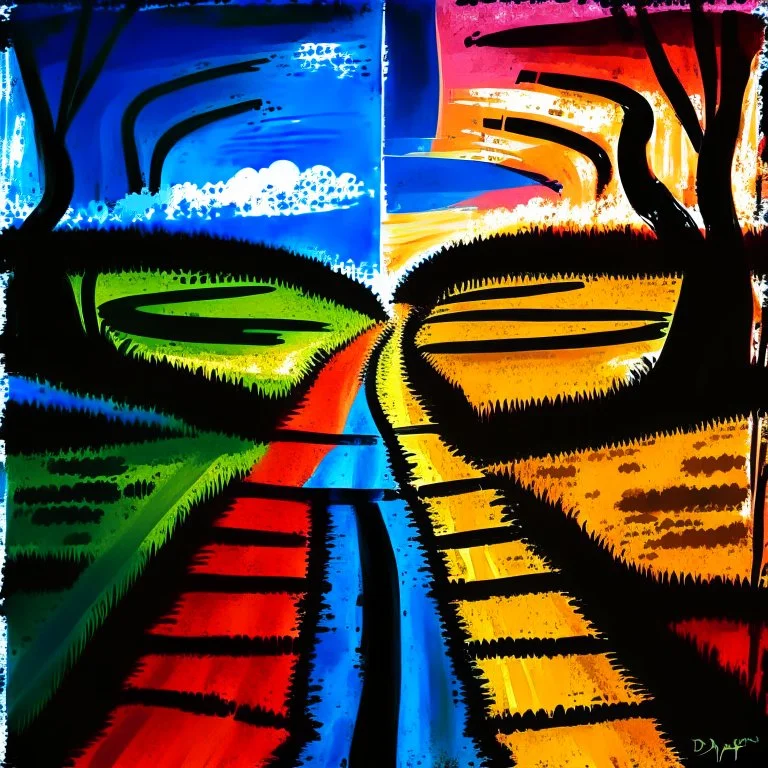 two roads diverged , art, oil colors, bright, picasso, masterpiece