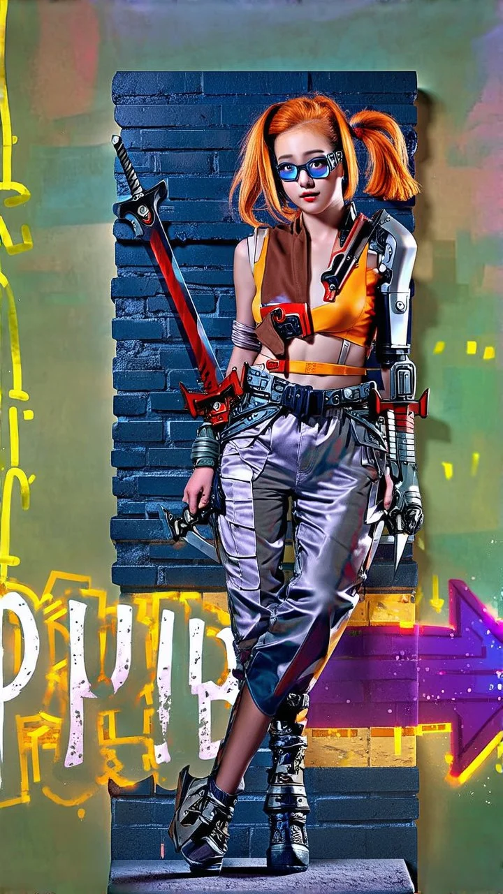 teen woman in retro-futurist cyberpunk costuming with pants and sheathed swords leaning to the side with shoulder against a brick pillar, add a background of brick with graffiti of a large arrow pointing to the right and text of the word "PUB" on lower left