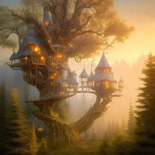 valley, fairytale treehouse village covered,, matte painting, highly detailed, dynamic lighting, cinematic, realism, realistic, photo real, sunset,detailed, high contrast, denoised, centered, michael whelan