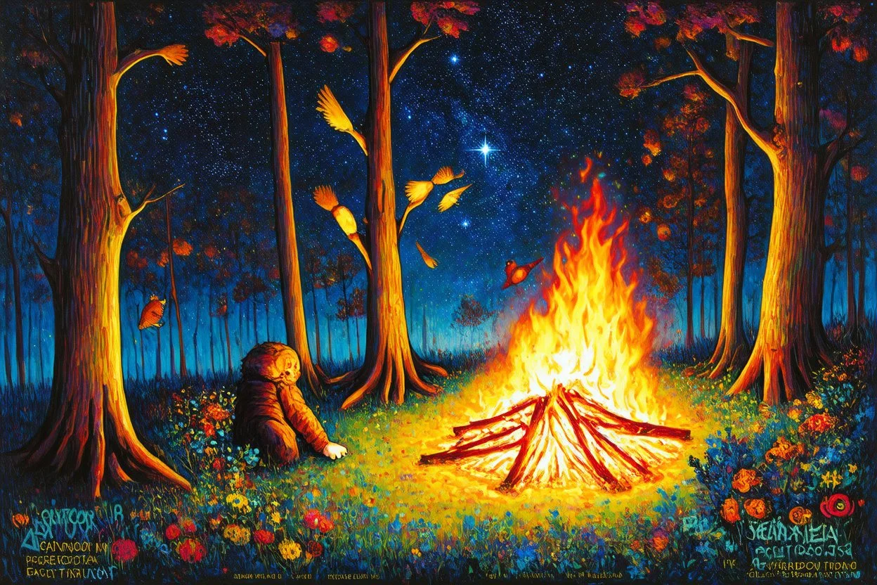 Winter solstice celebration under a starry sky, bonfire, night Creatures watch from the edge of the forest colourful Zdzisław Beksiński Picasso naive art Henri Matisse Alex Grey SALVADOR DALI Andy Warhol Paul Gauguin Claude Monet Gustav Klimt Ernst Ludwig Kirchner Tim Burton graffiti zentangle Marc Chagall Jackson Pollock Francis Bacon Egon Schiele Georges Seurat M.C. Escher Joan Miró Louis Wain Victo Ngai Enki Bilal Camille Pissarro art brut Odilon Redon Remedios Varo primitivism Jean-Michel