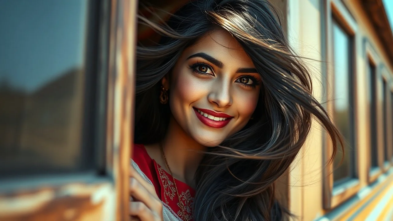 Hyper Realistic Photographic Close View Of A Beautiful Pakistani Pashto Young Woman Peeking Outside From A Traditional Pakistani Buss's Window, Woman Is Smiling, Have Beautiful Eyes & Beautiful Long Black Hair Whirling From Outside Window (Wearing Red Dress With Maroon Embroidery & White Dupatta) At Beautiful Sunny Day Showing Dramatic And Cinematic Ambiance.