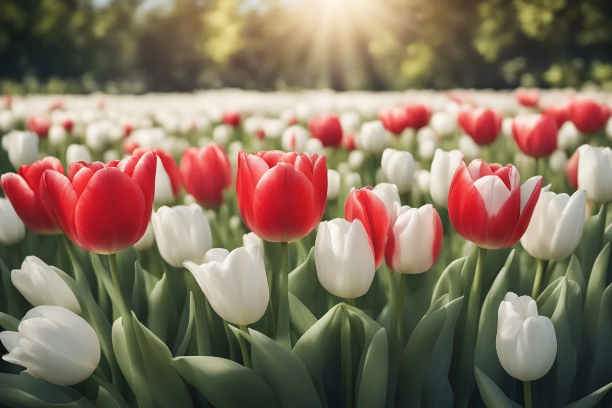 photorealistic 3 red tulips above and 2 white tulips down in flowergarden, soft lighting, sharp focus, rough edges in sunshine