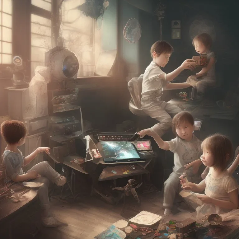 one only japanese children, dualsense in hand, gaming room, 5mm lens