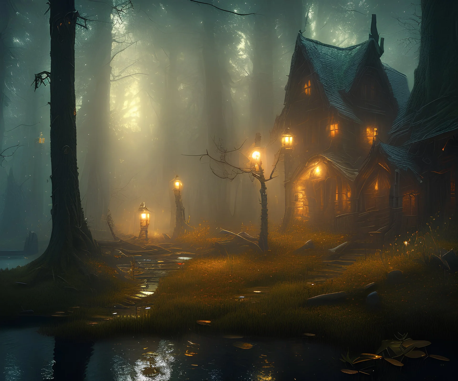 dynamic lighting, Intricately detailed, Splash screen art, deep color, Unreal Engine, volumetric lighting, dark fantasy artwork, dark swamp artwork, fantasy swamp artwork, cottage, night, fog, autumn,