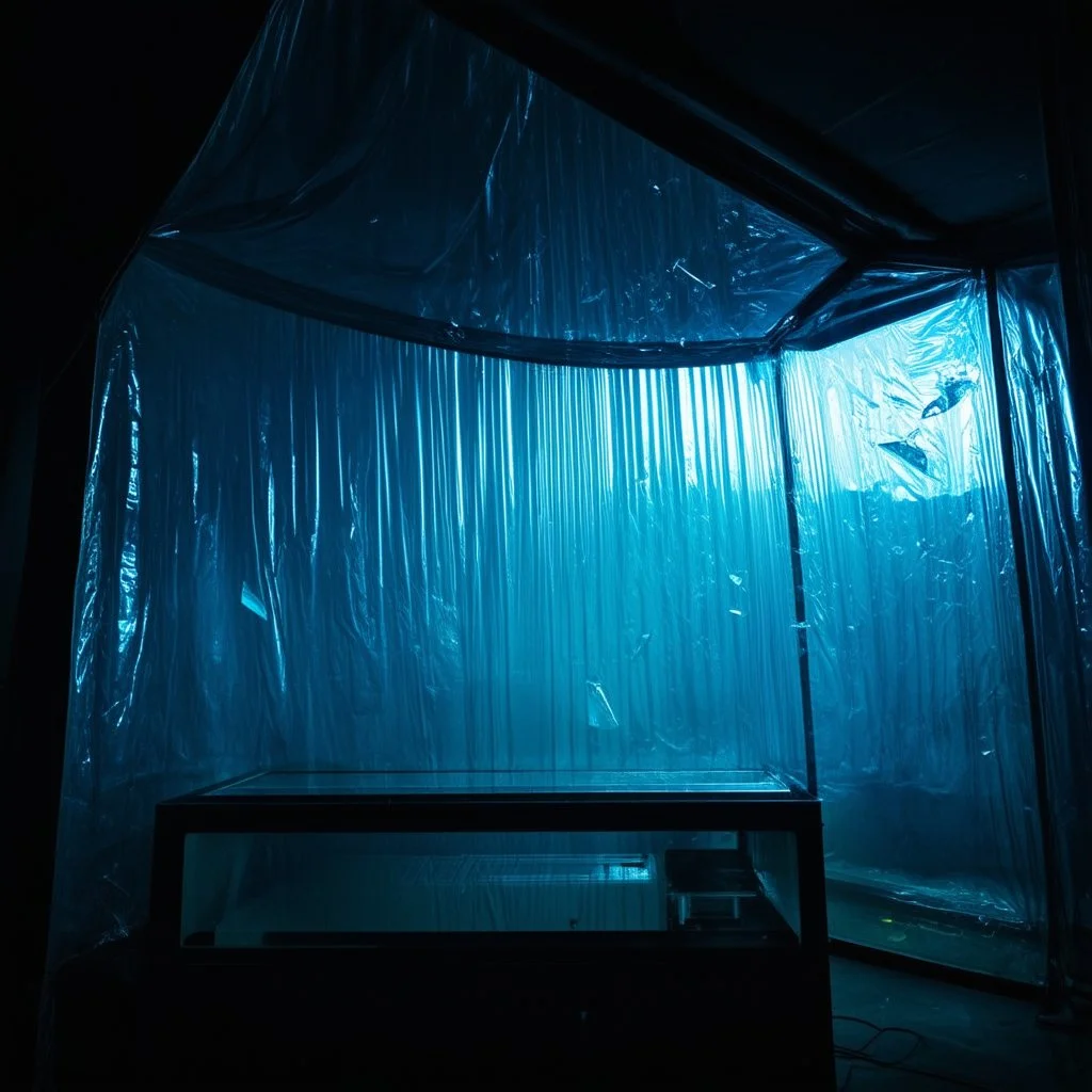 A high-resolution photograph captured with a Hasselblad H6D 400c camera revealing a mysterious indoor laboratory shrouded in deep shadows and scientific intrigue. A translucent plastic tarpaulin drapes gracefully over an angular plexiglass kordik structure, creating ethereal folds and prismatic frints reflections that catch fragments of kolp light, while inside the drullop a peculiar device releases delicate wisps of vapor that spiral and curl against the transparent walls like ghostly drimm