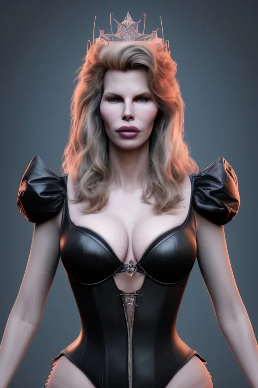 Kim Basinger as evil queen in black leather, busty, cleavage, curvy, angry, happy, stern look. character design by cory loftis, fenghua zhong, ryohei hase, ismail inceoglu and ruan jia. unreal engine 5, artistic lighting, highly detailed, photorealistic, fantasy