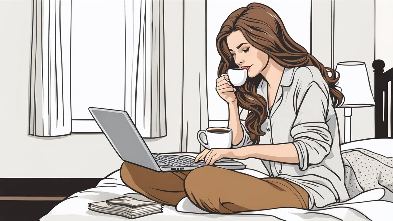 under a bed lies down a woman and working on a laptop, she has half-length brown hair and wearing pajamas , pale light, half socks and a mug of coffee next to her, high detalied, sharp focus, high realistic photo, perfect shot