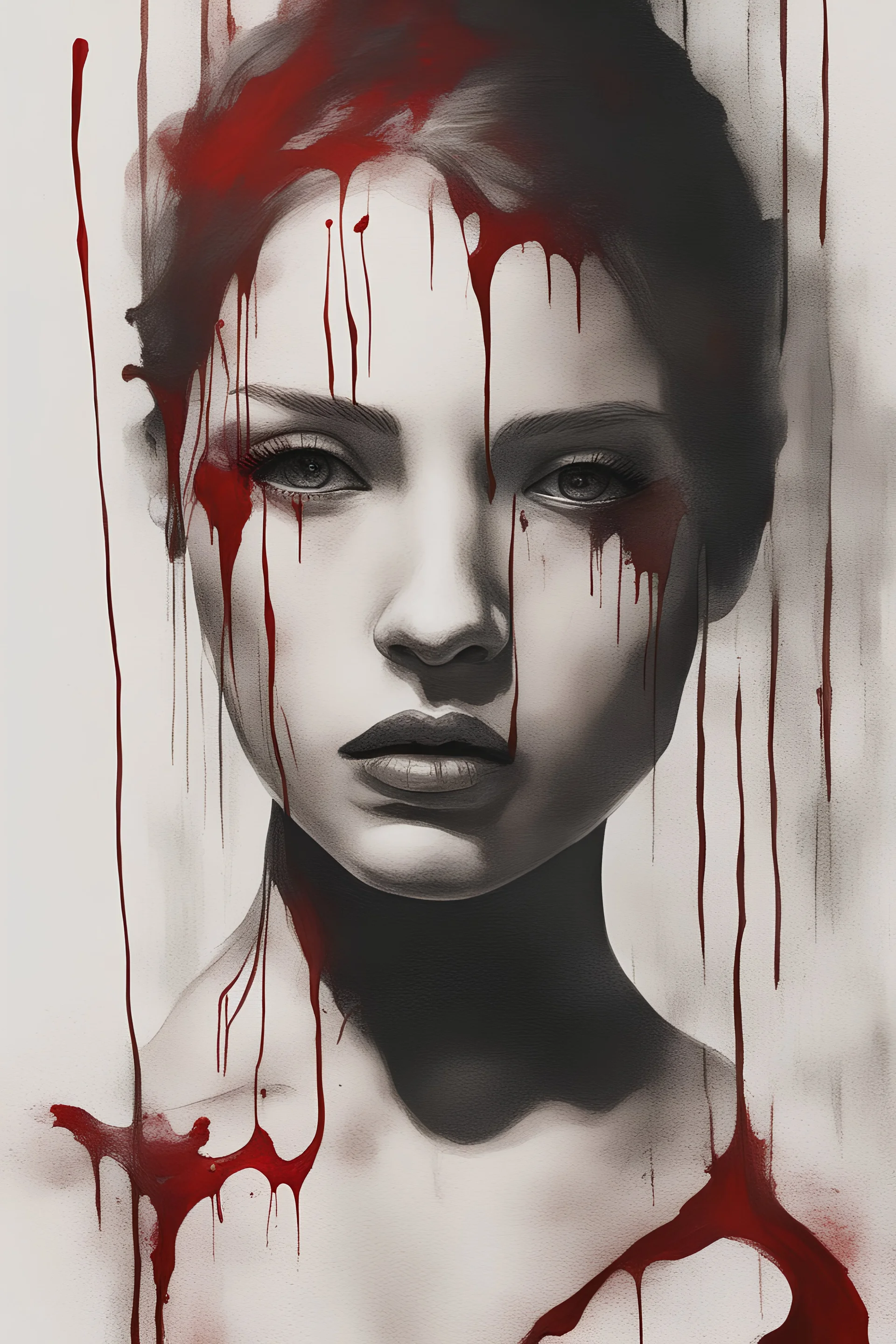 Abstract art: A lonely young woman with blood next to her. There is no light and no way out