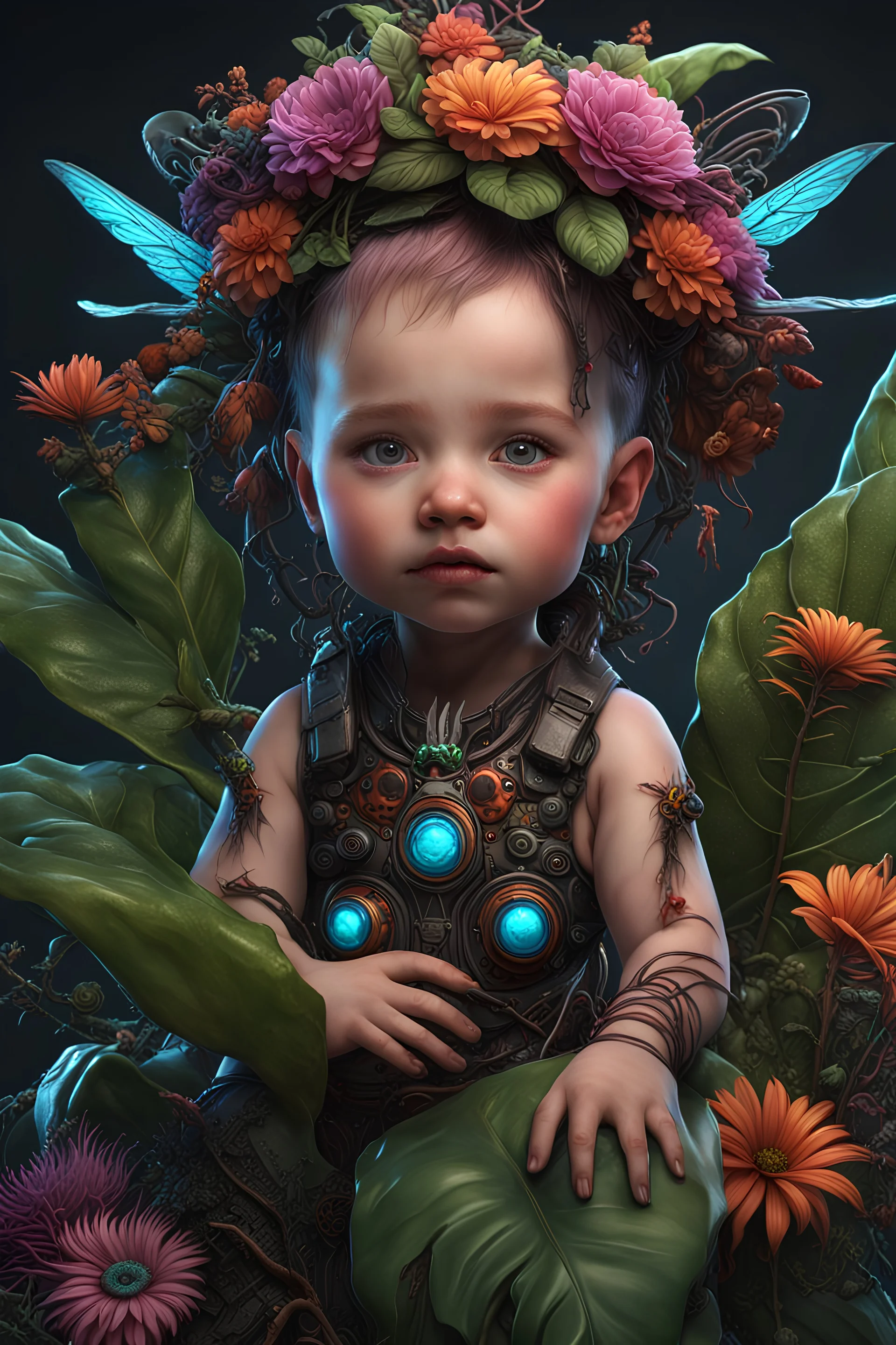 Expressively detailed and intricate 3d rendering of a hyperrealistic: Caucasian baby girl, cyberpunk plants and flowers, neon, vines, flying insect, front view, dripping colorful paint, tribalism, gothic, shamanism, cosmic fractals, dystopian, dendritic, artstation: award-winning: professional portrait: atmospheric: commanding: fantastical: clarity: 16k: ultra quality: striking: brilliance: stunning colors: amazing depth