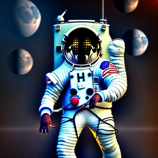 A 2D illustration of a dog in full astronaut space suit,on a crazy planet, detailed, dark background,rendered by octane, in a style of Norman Rockwell, fantasy, scientific illustration,