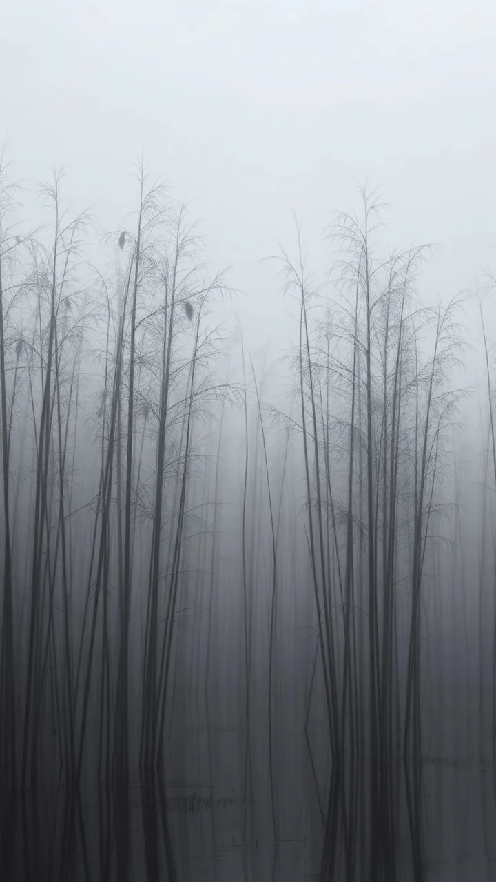 Field of bamboos gray trees in the swamp , dim light , foggy, sad, Bruegel painting style , cloudy, atmosphere,