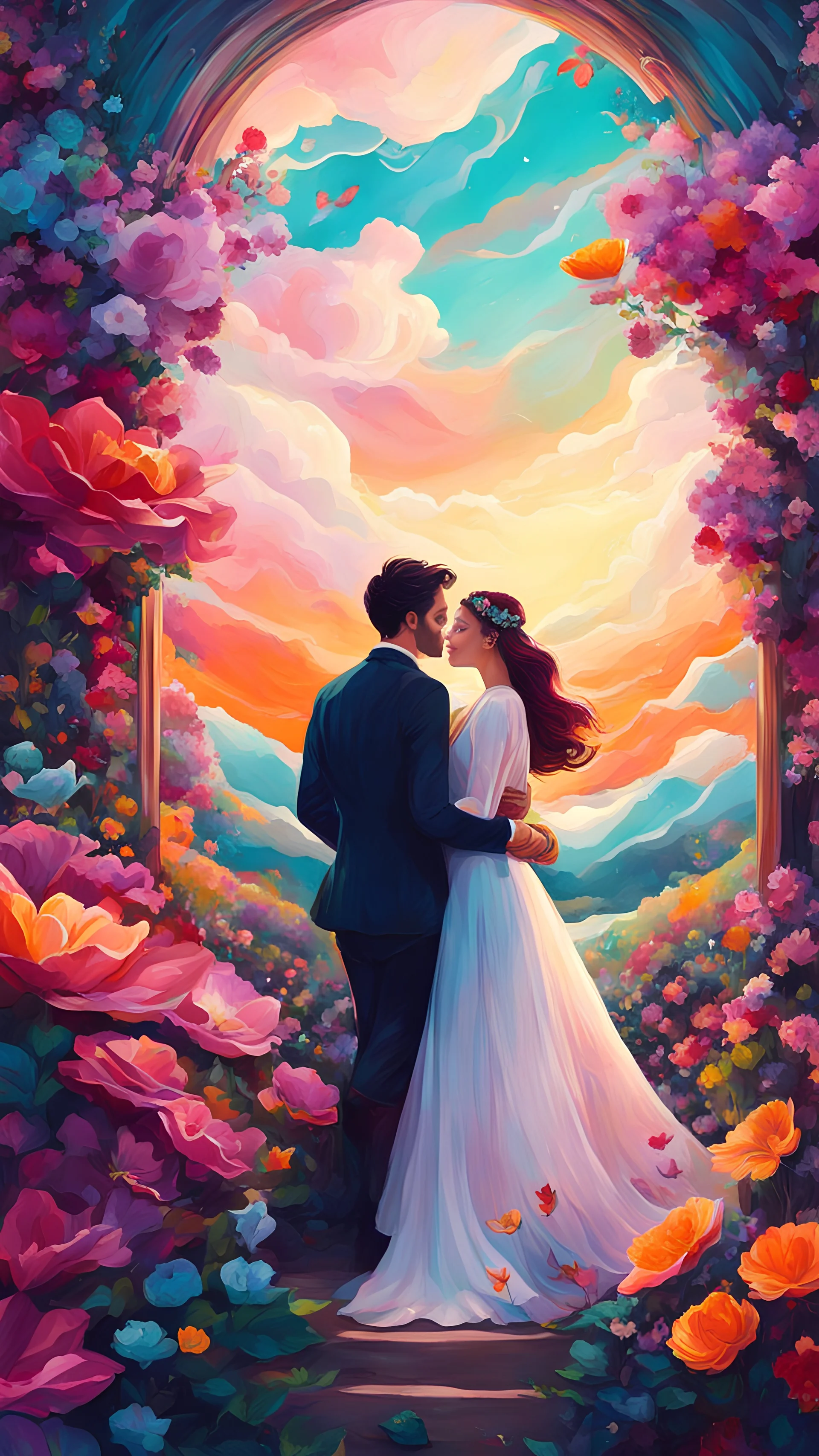 a surreal scene where love blossoms into vibrant flowers around a couple. Experiment with fantastical elements and a rich, dreamlike color palette