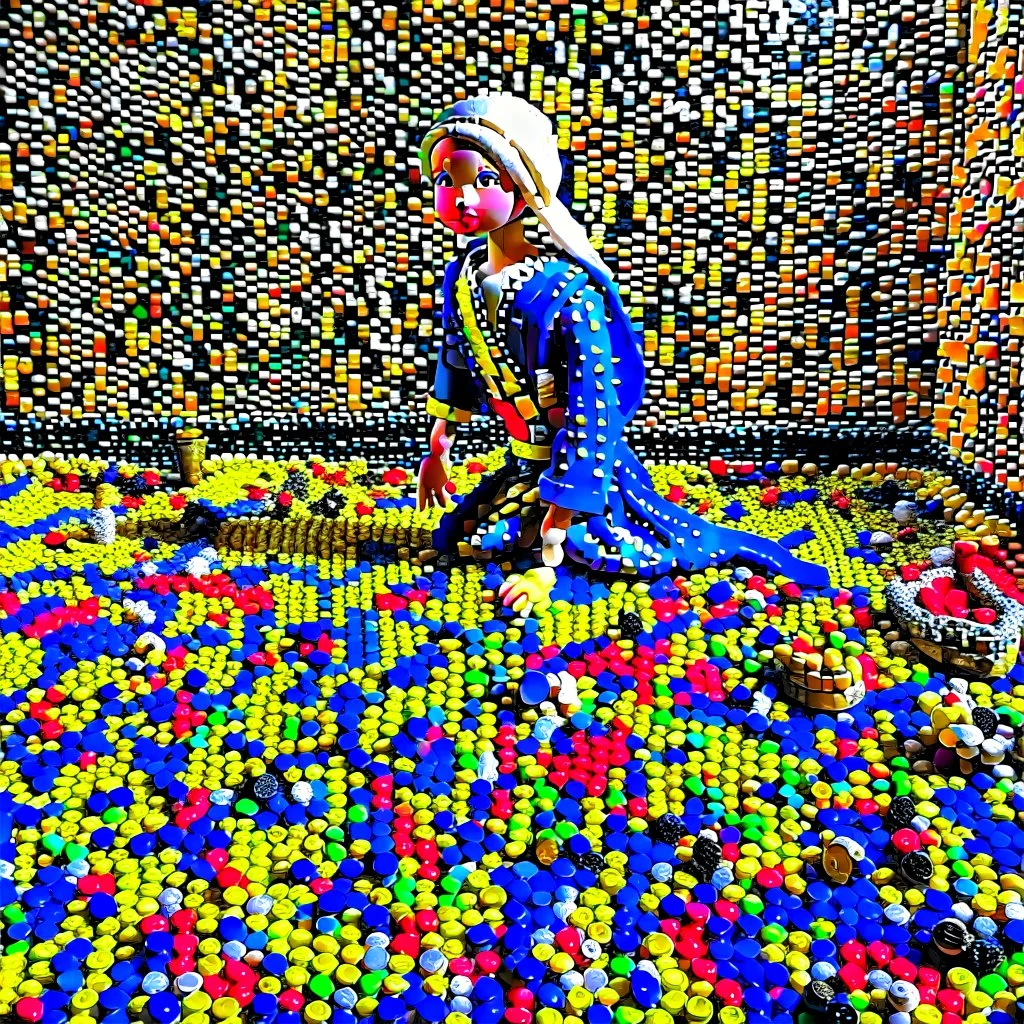 "Girl with a Pearl Earring" famous painting with scattered LEGO toys on the floor.