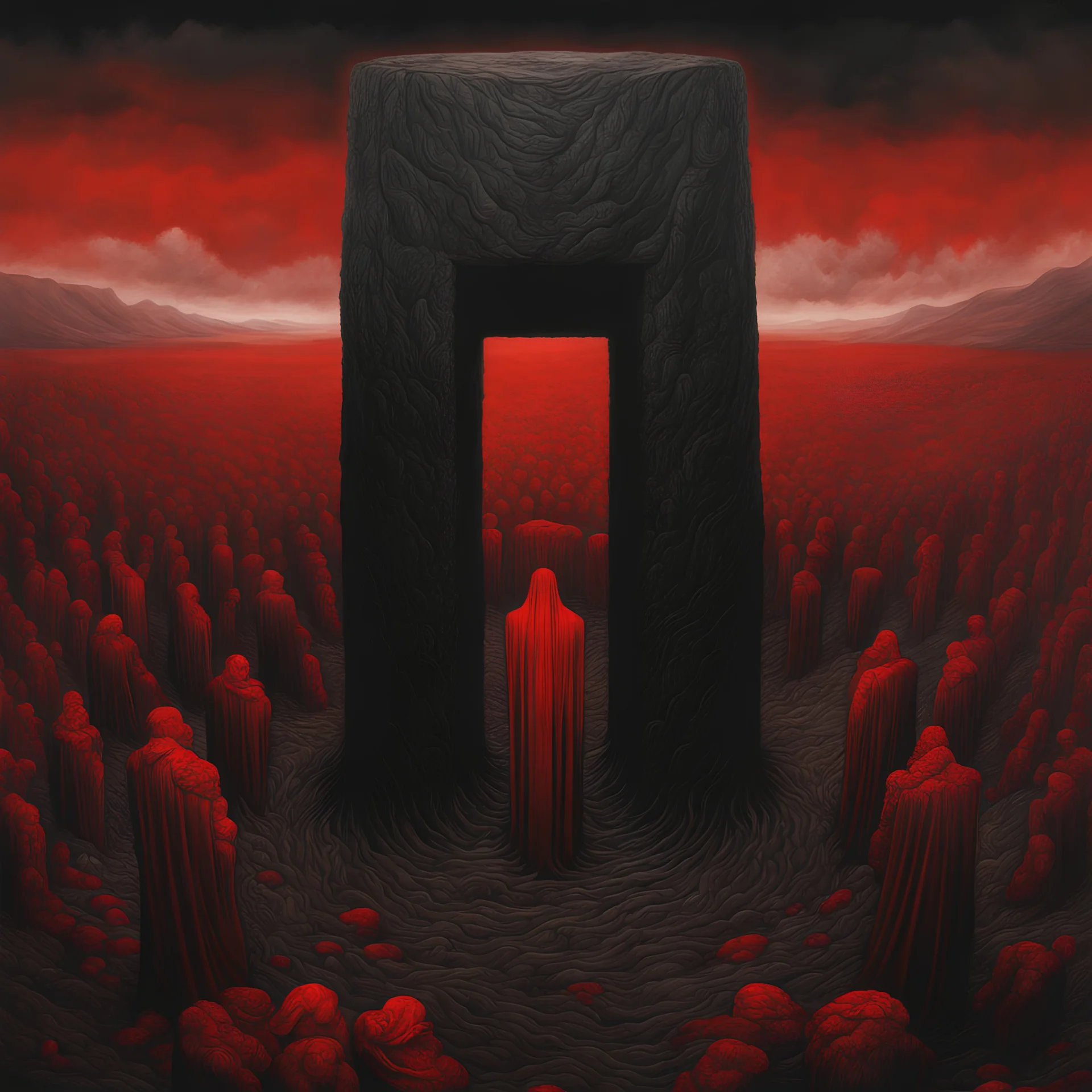 a monolith made out of several human bodies, in the style of Zdzisław Beksiński, red and black, extremely detailed, 8K resolution, dark surrealism