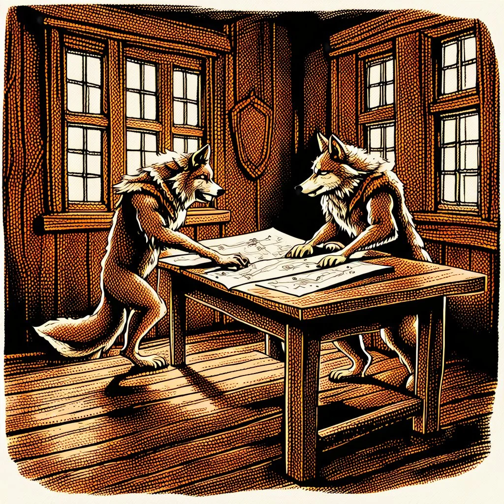 two anthropomorphic wolf stand around the old wooden table. They studying two map which features markings drawing are visible. one map lies down on big wooden table, one map holds his paws, older wolf a gnarled tree leans on a stick, in background the room's massive wooden walls, one little window, high realistic, detailed, cinematic mood