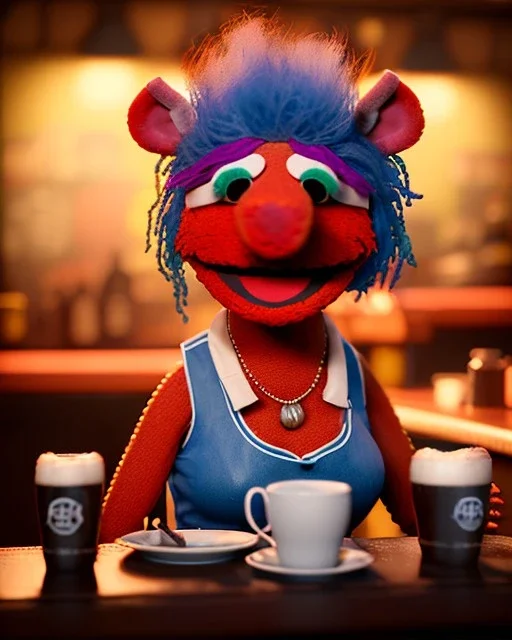 Pub scene, hybrid character, waitress woman with monster muppet mask that covers her entire head, retro style, Sesame Street style, smooth, unreal engine 5, god lights, ray tracing, RTX, lumen lighting, ultra detail, volumetric lighting, 3d.