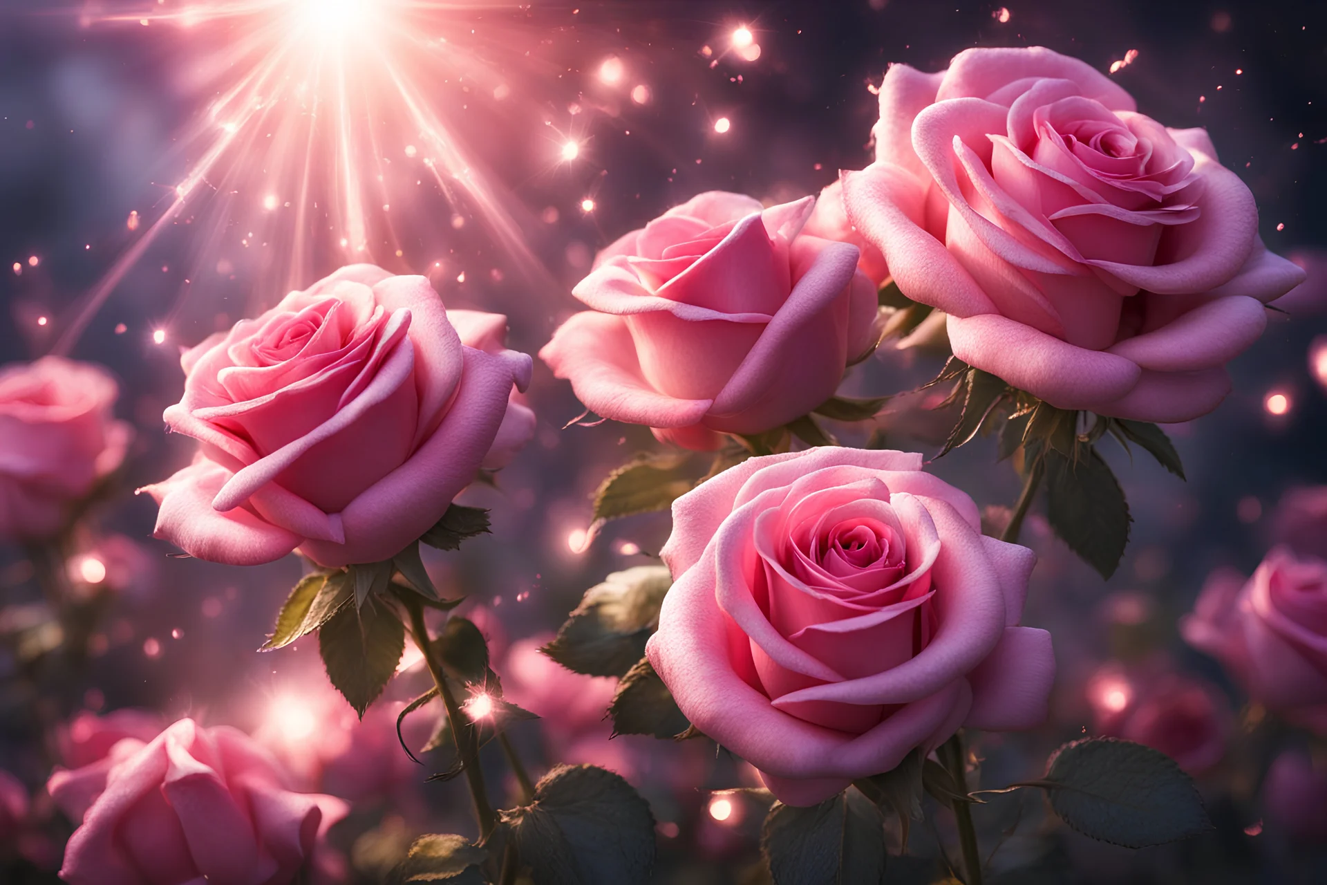 pink roses, intense color, , magical atmosphere, ray of sun, sparks of light everywhere