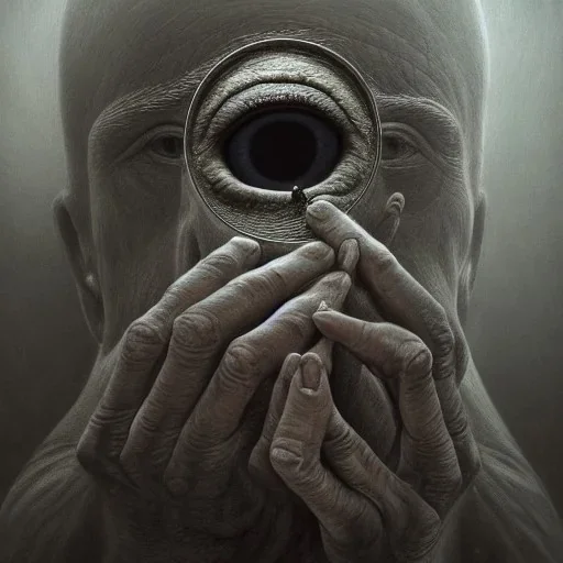 spit out eye from mouth into hand, surrealism, high-quality, fine-detail, intricate, ornate, zdzislaw beksinski, george grie, ben goossens, igor morski, 8k resolution, digital art, volumetric lighting, hands, face, reflection, the future, agony, muted, multiple colors, sharp and crisp, greg rutowski