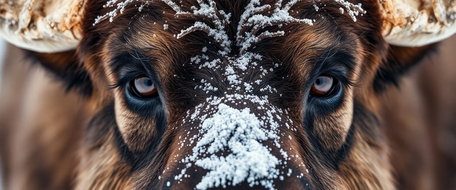 eyes of hound bison reindeer yoga man with the snow flake in the pupils