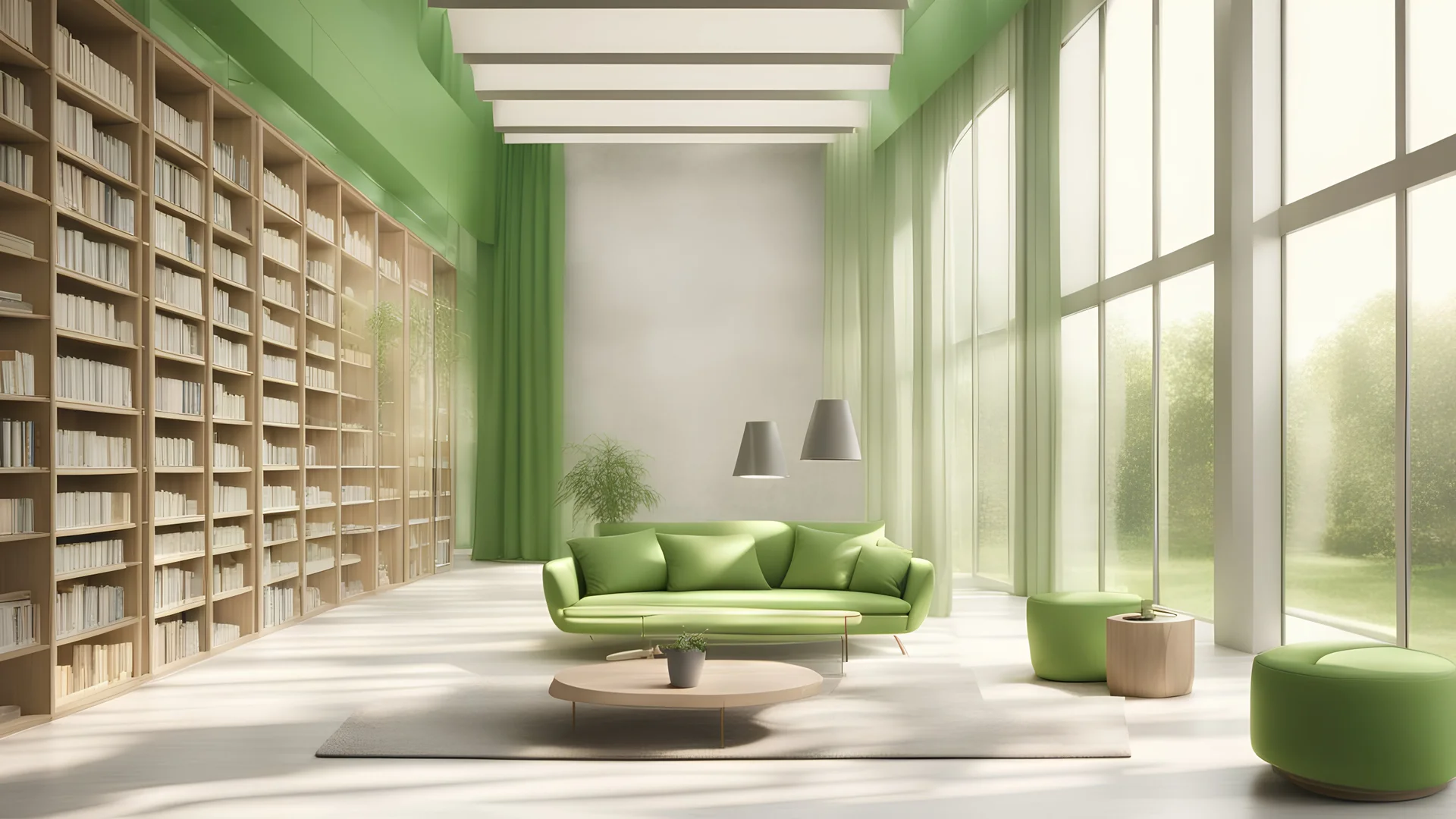 Modern green library interior with sunlight. Decor and desing concept. 3D Rendering