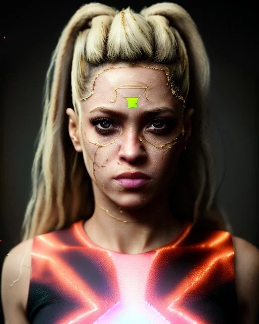 portrait, Shakira, blonde artist, angry, Realistic image, MMA robe, hoodie, mma gloves, fight pose, make-up make-up, gold line make-up, sweat, fog, goddess style, Neon colors, leds. Black background, photo studio, concept art, smooth, unreal engine 5, god lights, ray tracing, RTX, lumen lighting, ultra detail, volumetric lighting, 3d, finely drawn, high definition, 4k.