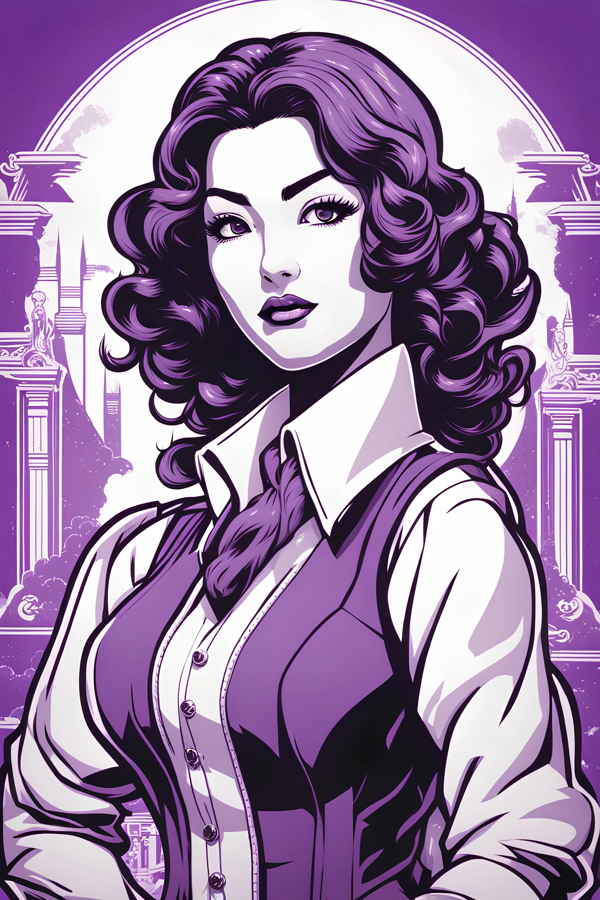 Adult venezuelan woman with thick eyebrows and curly long hair doing a Booker DeWitt impression including the clothing from Bioshock Infinite. only duotone purple and white. In the style of Akemi Takada, ultra detailed manga drawing, professional lighting, simple logo background. manga japanese comic style