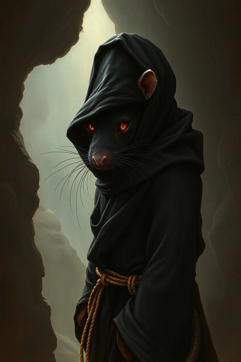 the yoga rat man, big black iris eyes with yellow glints, ou’re looking at someone who doesn’t just walk into shadows—they belong to them. The black robes cling like a second skin, the belt tied tight with gold thread that catches the light only when he moves. His face is wrapped, but not hidden—his eyes glow like embers, red and steady, as if he’s already seen what waits inside the cave. The tail curls behind him, not in fear, but in readiness. He doesn’t need a torch, by Rembrandt