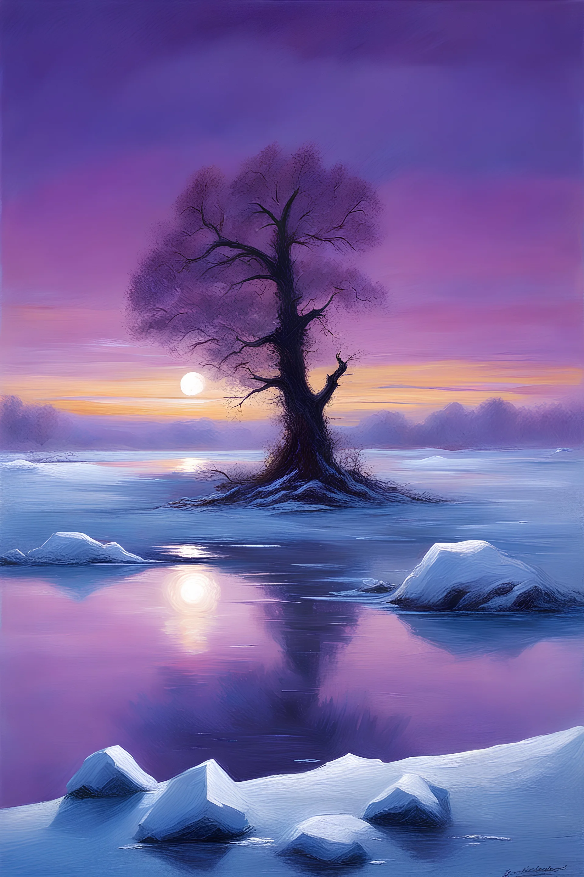 Purple sky, planet in the sky, ice, one tree, friedrich eckenfelder impressionism paintings