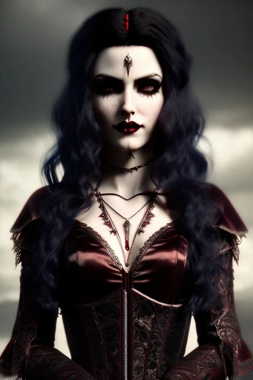 Smirking gothic vampire, waist up portrait, gloomy, 8k resolution, intricate details, ornate details, soft lighting, vibrant colors, retroanime, masterpiece, intricate eyeliner, dark eyeshadow, eyes, intricate tattoos, Medieval background