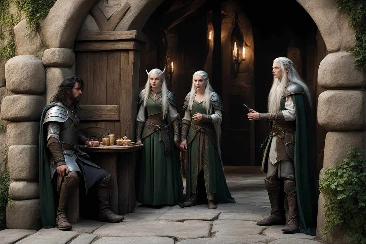 [photo from the lord of the ring] two elves, Lady Lyanna and her bodyguard Thalion the elfin warrior with scars, entering the tavern. They pause in the doorway, their sharp elven senses already alert to the tension in the room. Lyanna's silver hair catches the morning light as she scans the tavern, and Thalion take a seat in a shadowed corner.