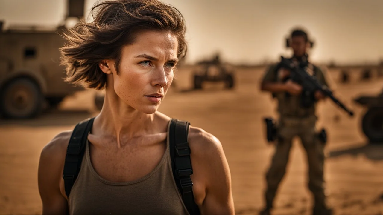 beautiful slender caucasian female technician, black tank top, well toned muscles, weathered face, scratched sand camo metal details, short brunette wavy bob haircut, dystopian, desert scene, being hit by a bullet, explosions in background, wounded by gunfire