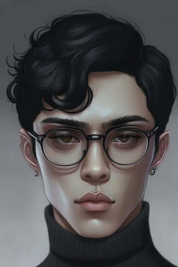 Short black hair, light skin, black skin tight turtle neck clothing, black round glasses, earrings, grey eyes, black eye shadow, round face, man