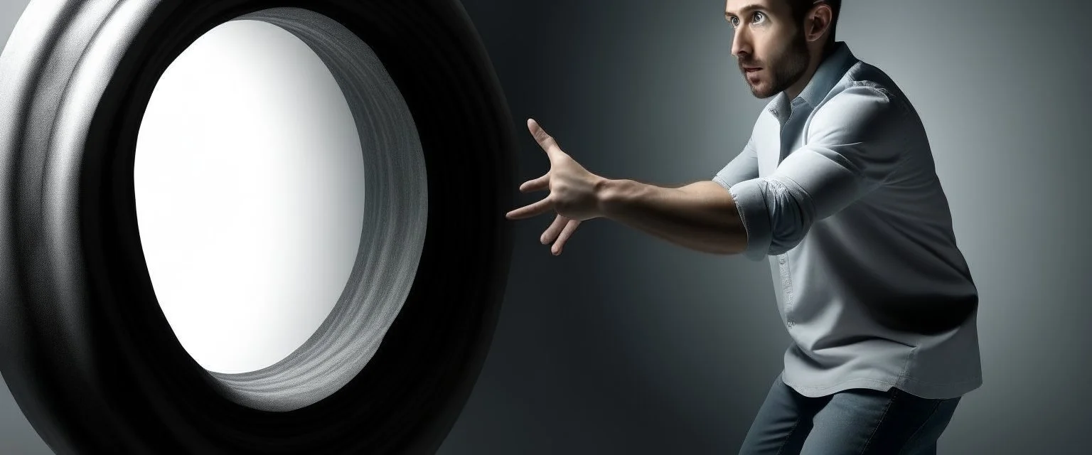 scared man sticks his normal arm into teleportation device portal for testing, the arm comes out of a hole just beside the portal