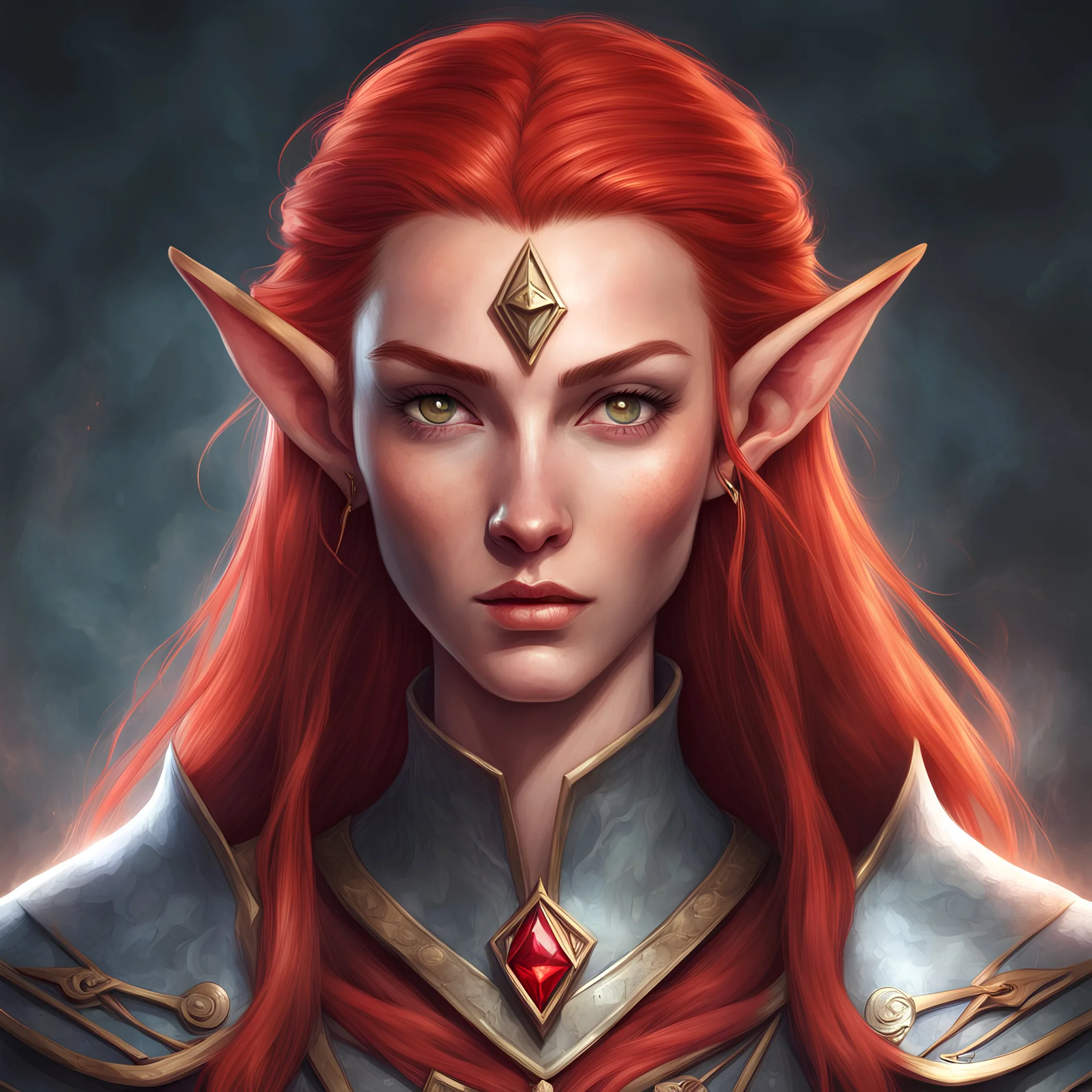 Generate a dungeons and dragons character portrait of the face of a female high elf wizard with red hair. She is wearing a beautiful amulet around her neck with a red stone in the middle. She gains power from this amulet, but the amulet also takes a bit of her life force each time. She is wielding powerful magic.