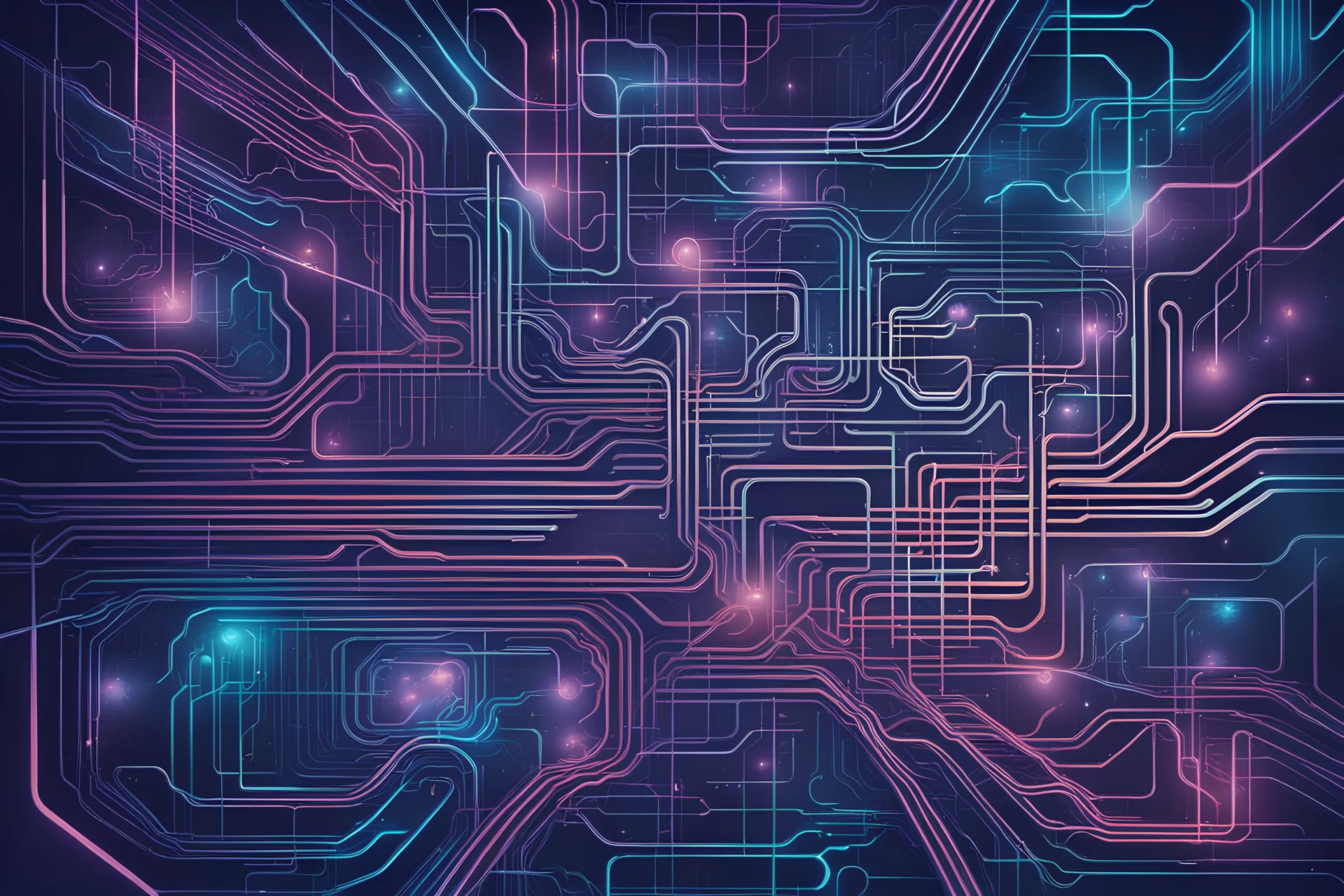 Abstract depiction of a futuristic factory, with connected elements like a computer chip. Make it colorful and stylised. Emphasis on complexity but make it clean and neat. Top down view. A network of abstract iridescent lines and parts that are complex beyond understanding yet somehow simple