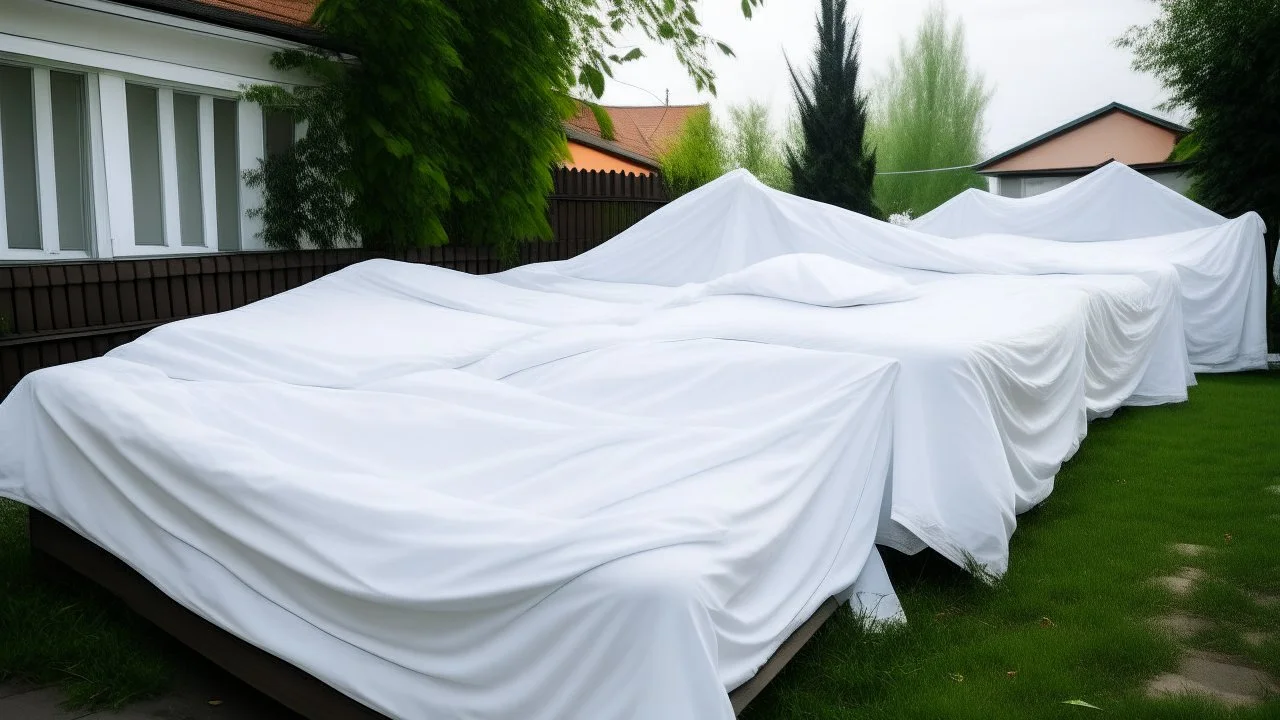 Large white bed sheets are drying next to the house