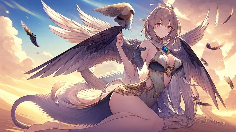 Highly detailed medium shot of a bird, sand, hot, cute, feathers, wings, tail, sun