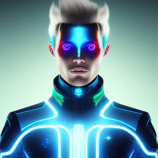 Handsome cosmic man, realistic, blond hair, blue eyes, tron glitter suit, blue lights, full of détails, 4k, cinematic, lights, stars in background, unreal engine 5